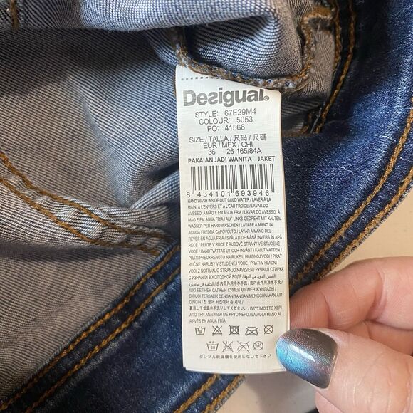 DESIGUAL Denim Jacket Womens EU 36 (US 6) Designer Artistic Knit Sleeve Boho - Picture 12 of 13